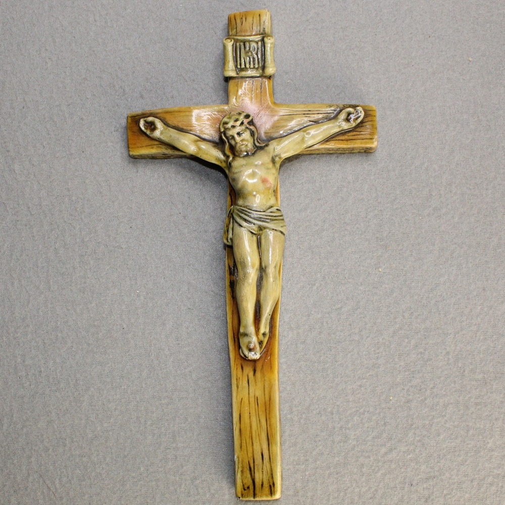 Vintage Crucifix Wall Cross Religious Tan Brown Jesus Christ INRI Catholic Decor
